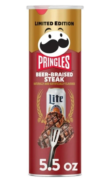 Pringles Miller Lite Beer-Braised Steak Potato Crisps Chips, Lunch Snacks, 5.5 oz